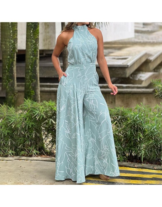 2024 Women's New Fashionable Round Neck Tie up Slim Fit Printed jumpsuit
