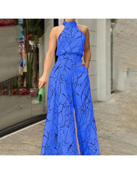 2024 Women's New Fashionable Round Neck Tie up Slim Fit Printed jumpsuit