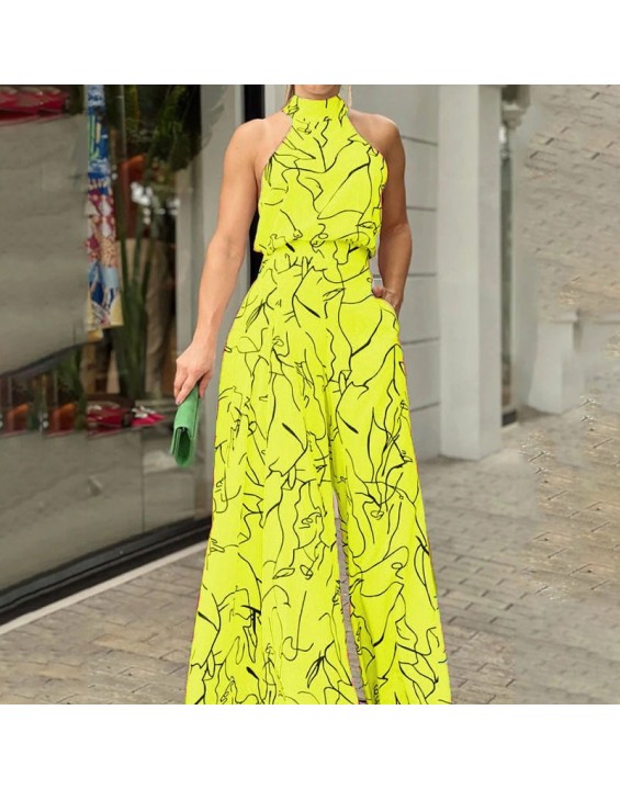 2024 Women's New Fashionable Round Neck Tie up Slim Fit Printed jumpsuit