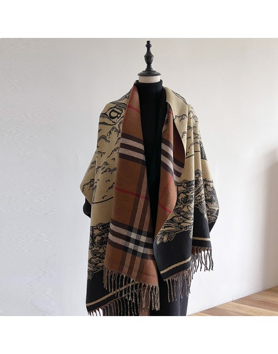 Classic plaid warhorse scarf with double-sided imitation cashmere warm women's shawl