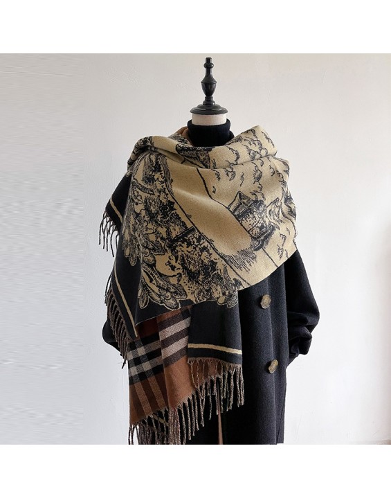 Classic plaid warhorse scarf with double-sided imitation cashmere warm women's shawl