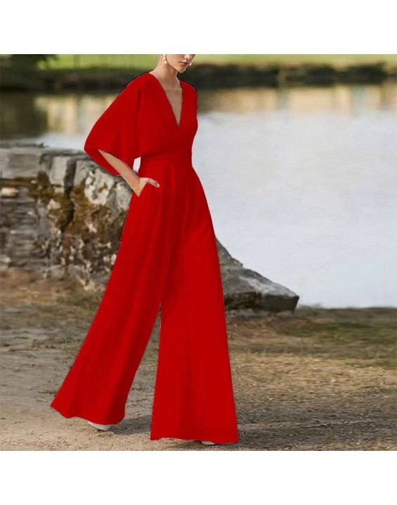 Solid color fashion jumpsuit in spring and summer, inclined waist and commuter jumpsuit.