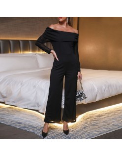 Women's solid color black strapless long-sleeved wide-leg jumpsuit women's trousers
