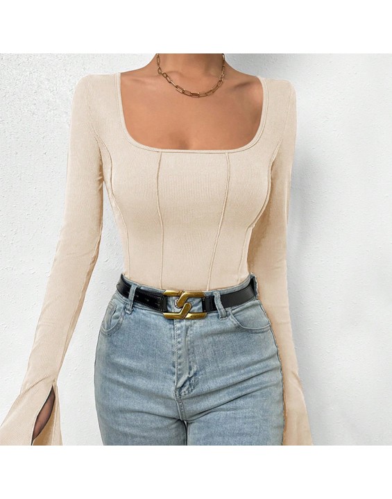 Autumn and Winter Sexy Slim Fit Square Neck Flare Sleeves Off Back Inner Laydown T-shirt jumpsuit