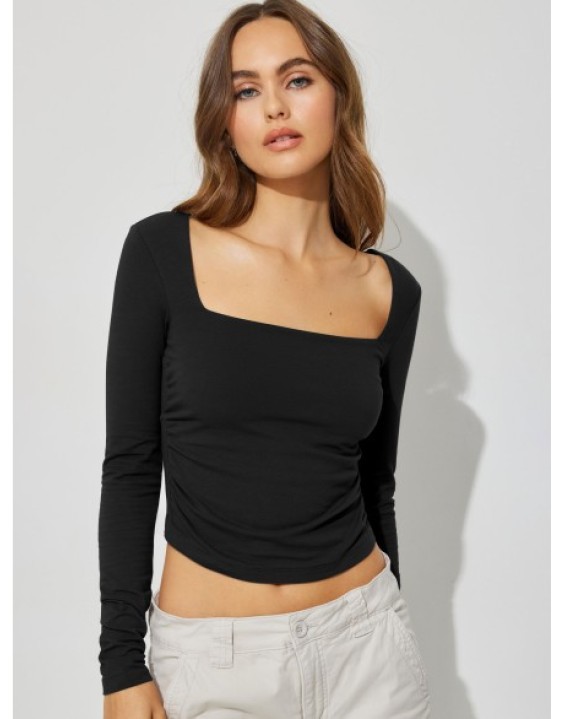 Sexy backless inner women's knitwear long-sleeved t-shirt spicy girl blouse square neck bottoming shirt