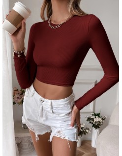 2024 Women's Sexy Backless Casual Short Slim Knit Long Sleeve T-shirt Top Bottom Outer Wear
