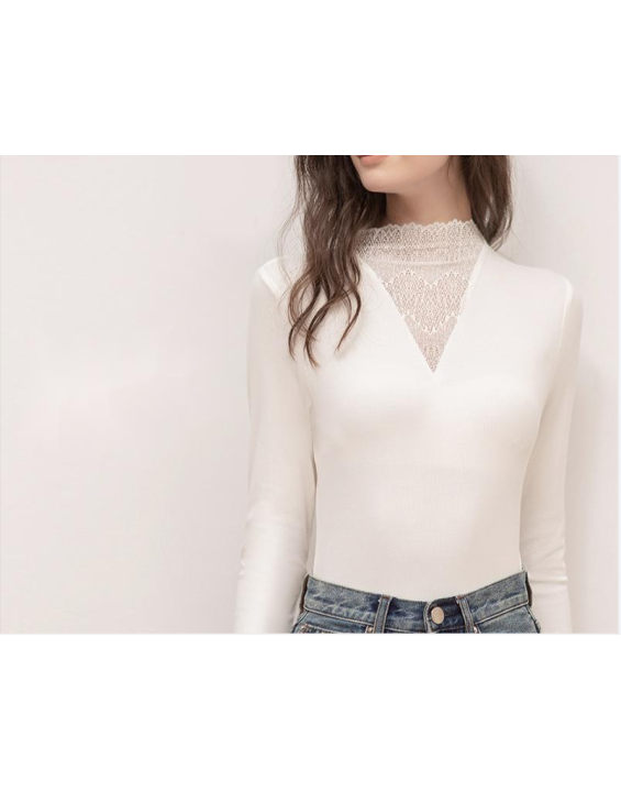 Half-high neck new white lace splicing Slim inner bottoming shirt tops T-shirt Women's