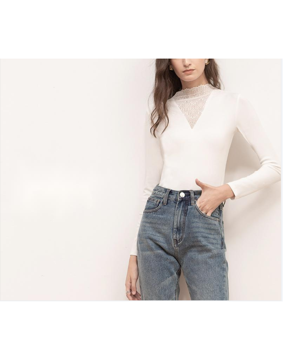 Half-high neck new white lace splicing Slim inner bottoming shirt tops T-shirt Women's