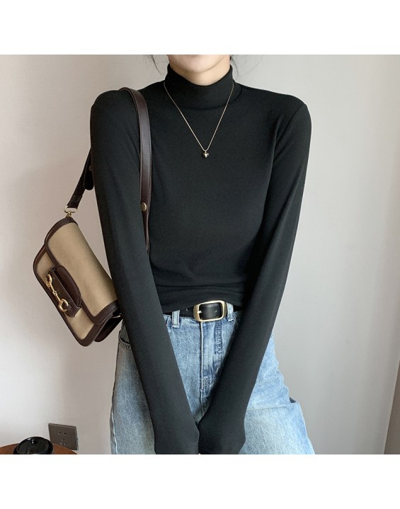 New round neck, fall and winter half-high neck German fleece bottoming shirt female internal padded thickened black and white in the collar warm clothes