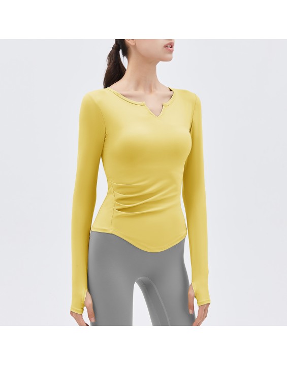 2024 Spring New Yoga Dress Long sleeved T-shirt Running Sports Top V-neck Nude Fitness Top Women's Chest Cushion