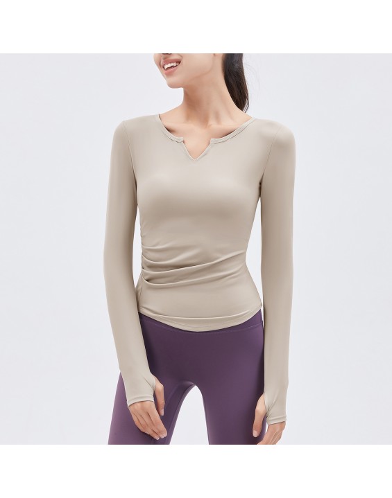 2024 Spring New Yoga Dress Long sleeved T-shirt Running Sports Top V-neck Nude Fitness Top Women's Chest Cushion