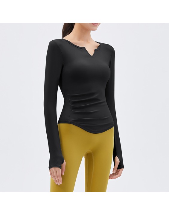 2024 Spring New Yoga Dress Long sleeved T-shirt Running Sports Top V-neck Nude Fitness Top Women's Chest Cushion