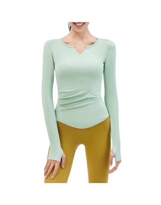 2024 Spring New Yoga Dress Long sleeved T-shirt Running Sports Top V-neck Nude Fitness Top Women's Chest Cushion